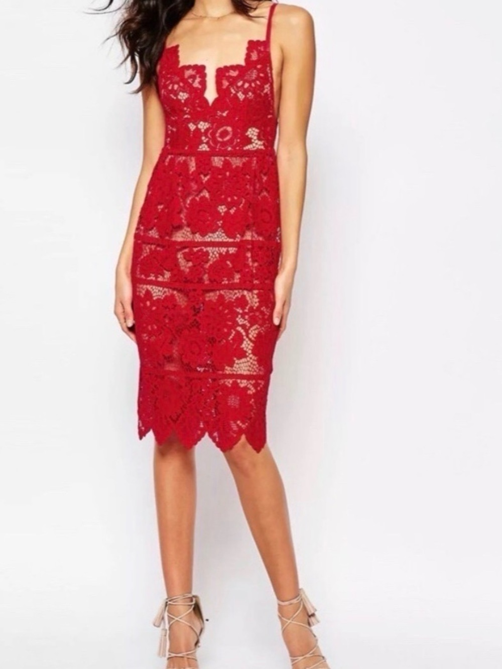 For Love And Lemons x Revolve Gianna Lace Midi Dress Womens Red New with Tags L